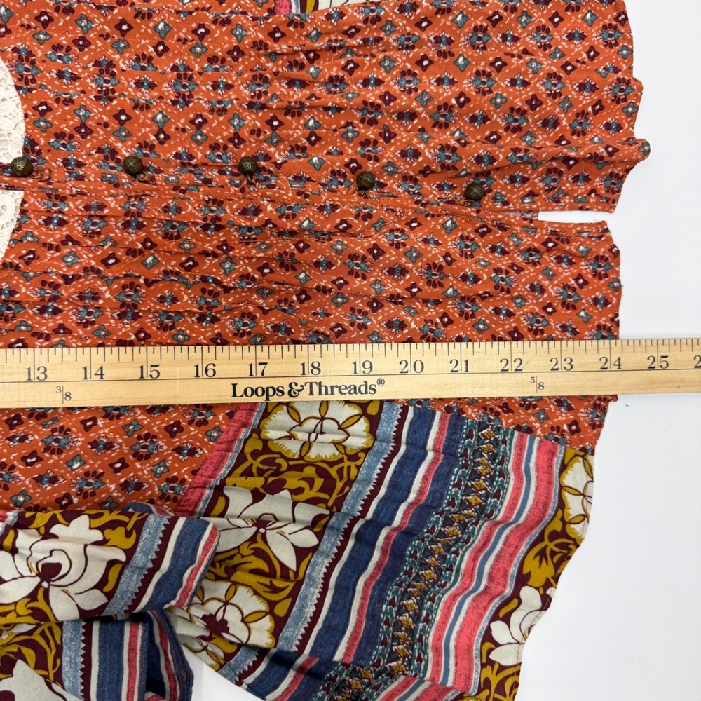 Maeve Anthropologie Mixed Print Blouse Sz 4 Orange Lace Bib Boho Ruffle Peasant - Picture 14 of 14